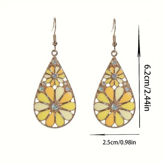 Mosaic Flower Dangle Earrings Boho Glass Rhinestone Floral Statement NWT - Picture 3 of 8